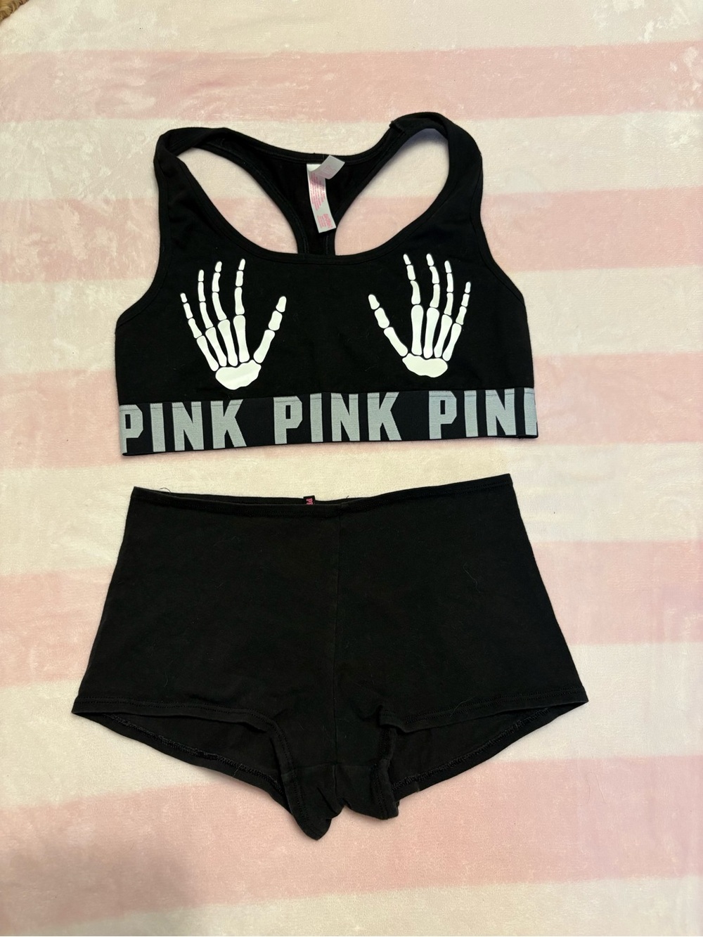 Victoria's Secret PINK Black Sports Bra & Boyshort Set with White Skeleton Hands